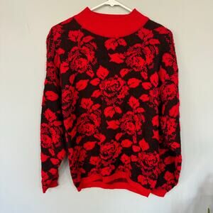 Vintage Rainbow Ridge Pixelated Floral Rose Sweater Size Medium Red & Black